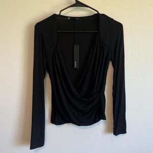 NWT Krisa black long sleeve blouse with v-neck and rouching size small